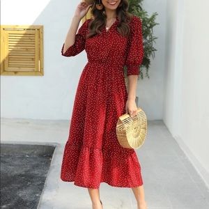 Boho dot v neck ruffle hem dress